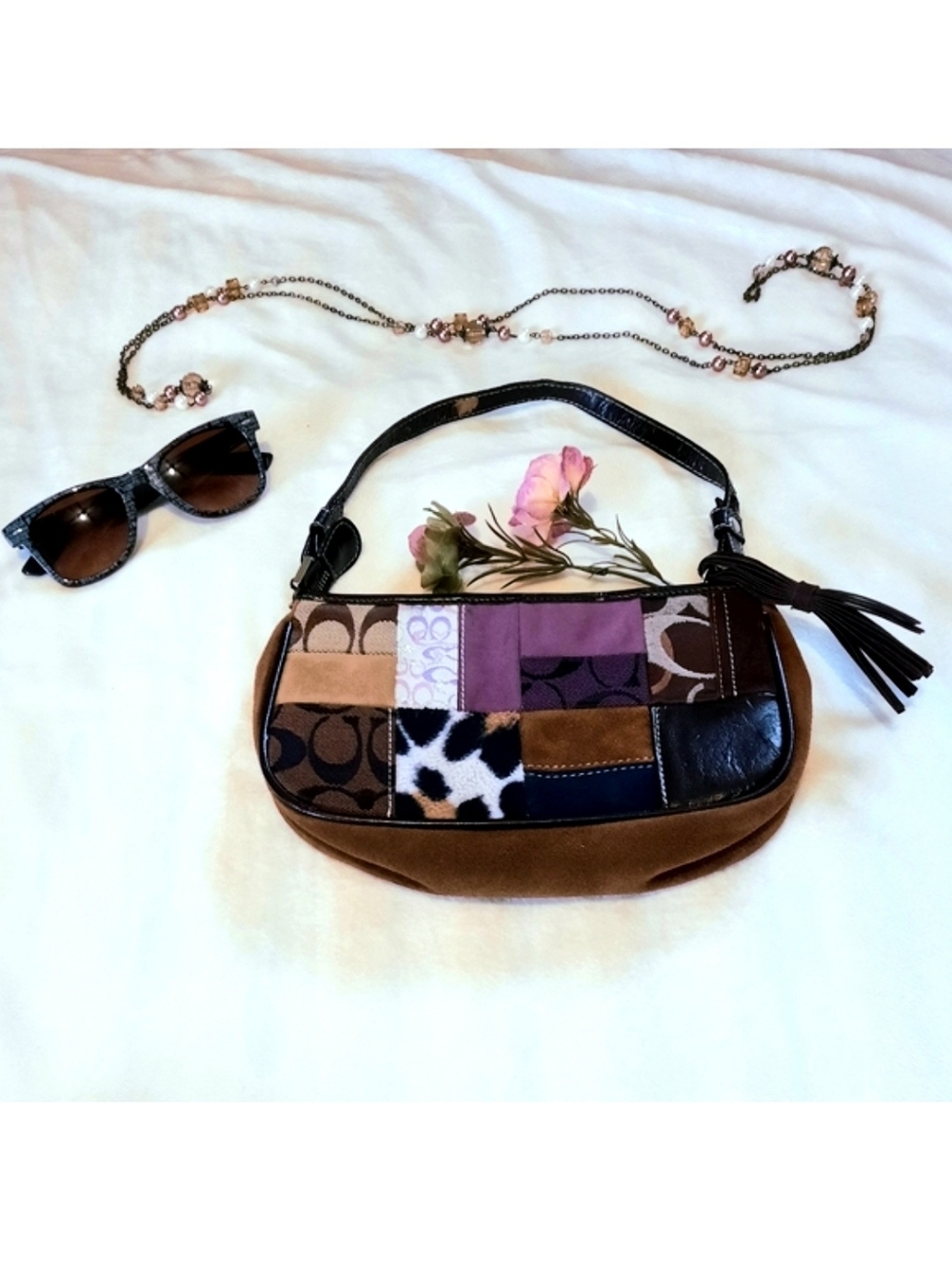 Handbag, Patchwork - Brown, Purple, Black, White with Tassle